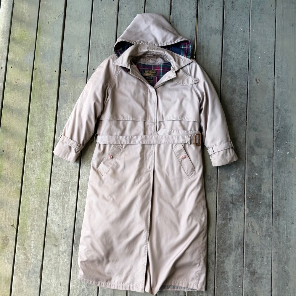 Eddie Bauer Vintage Goose Down Trench Coat Tan Plaid Lined Parka Hooded Belted M